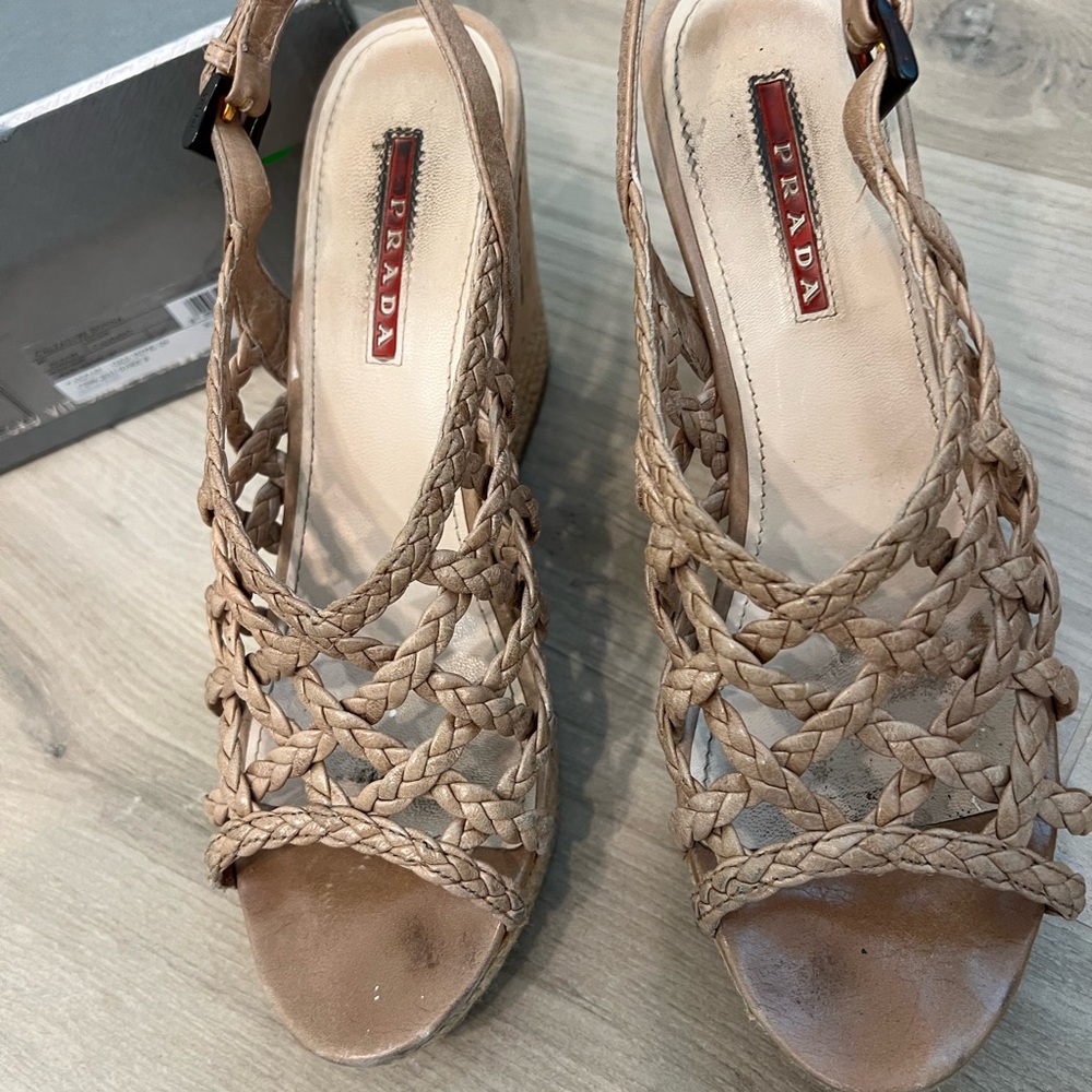 Prada Tan Wedge Shoes with Intricate Design